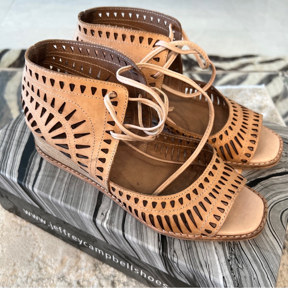 Women’s Jeffrey Campbell Nude Wedge Lace-Up Cutout Bootie Sandal Size 7.5 M